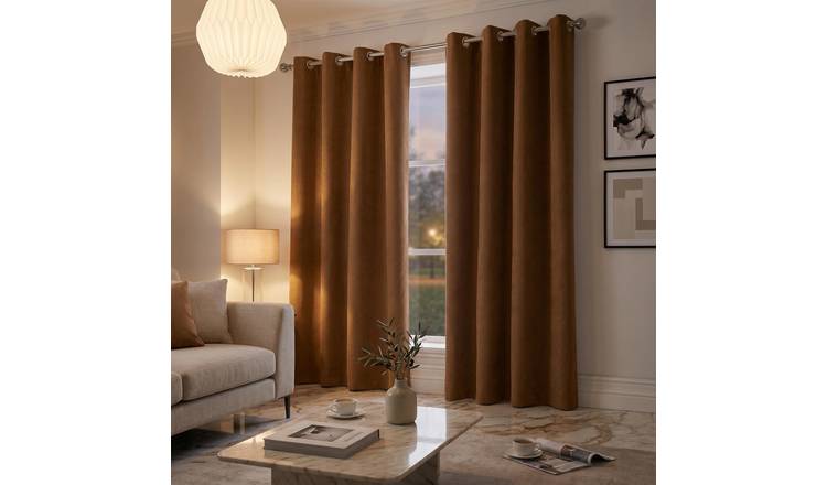 Luxury Living Velvet Chenille Eyelet Curtains 142cm x 137cm - Tan