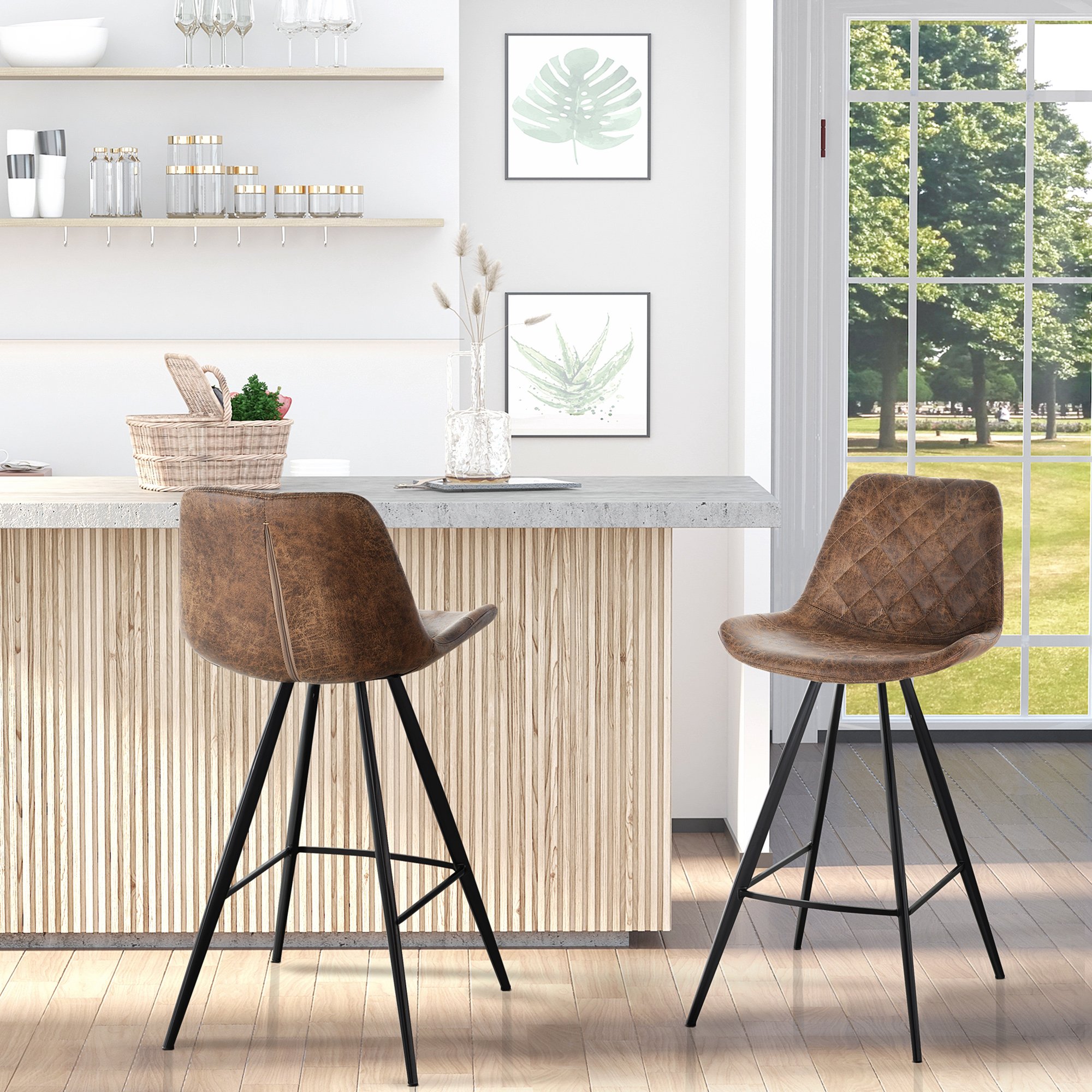 HOMCOM Set of 2 Bar Stools with Vintage Microfiber Cloth Tub - Brown - Image 2