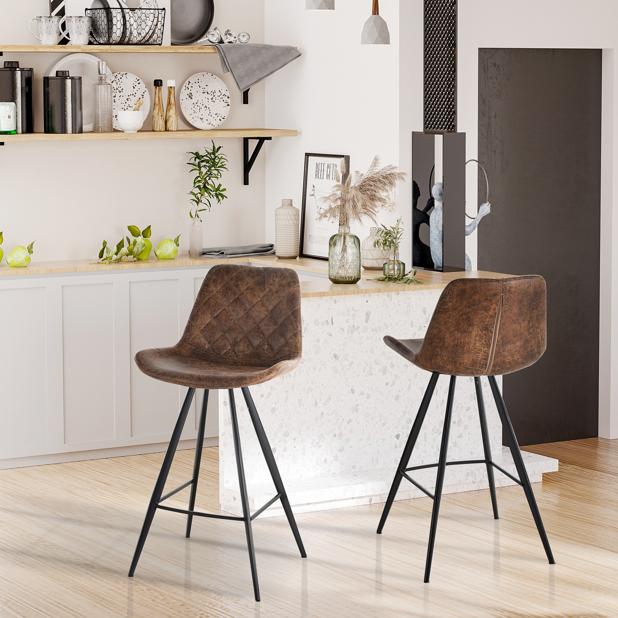 HOMCOM Set of 2 Bar Stools with Vintage Microfiber Cloth Tub - Brown - Image 6