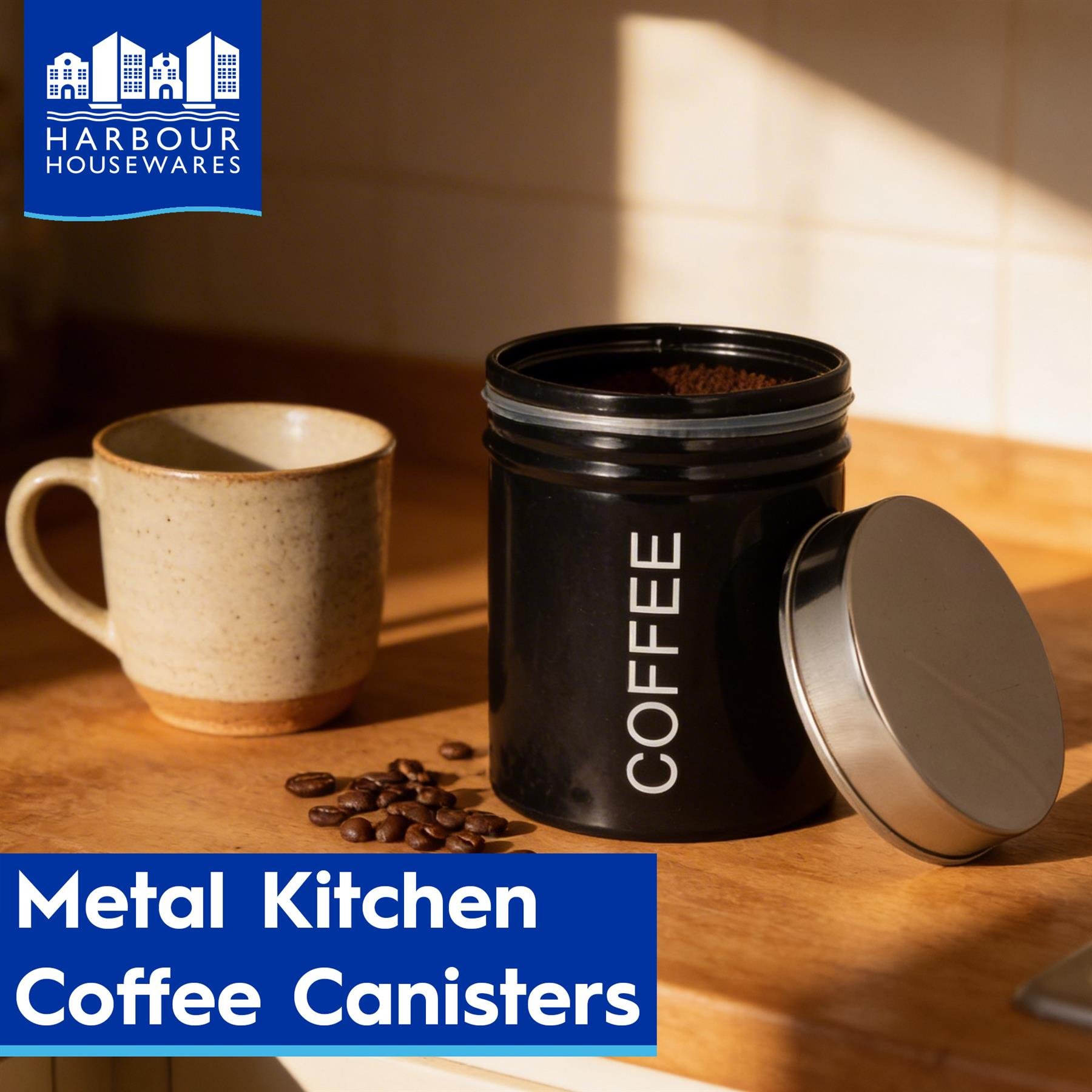Harbour Housewares Round Metal Kitchen Coffee Canister - Black - Image 2