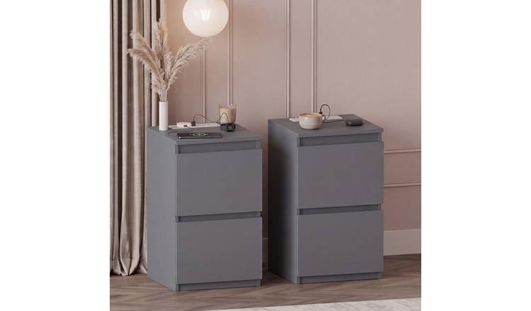 Vida Designs Denver 2 Drawer Bedside Chest With Power Outlet Set of 2 - Grey