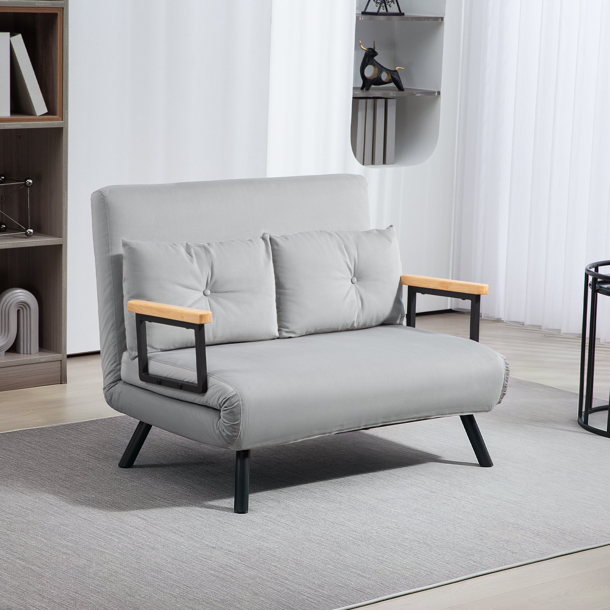 HOMCOM 2 Seater Velvet Modern Sofa Bed with 2 Tufted Cushions - Light Grey - Image 2