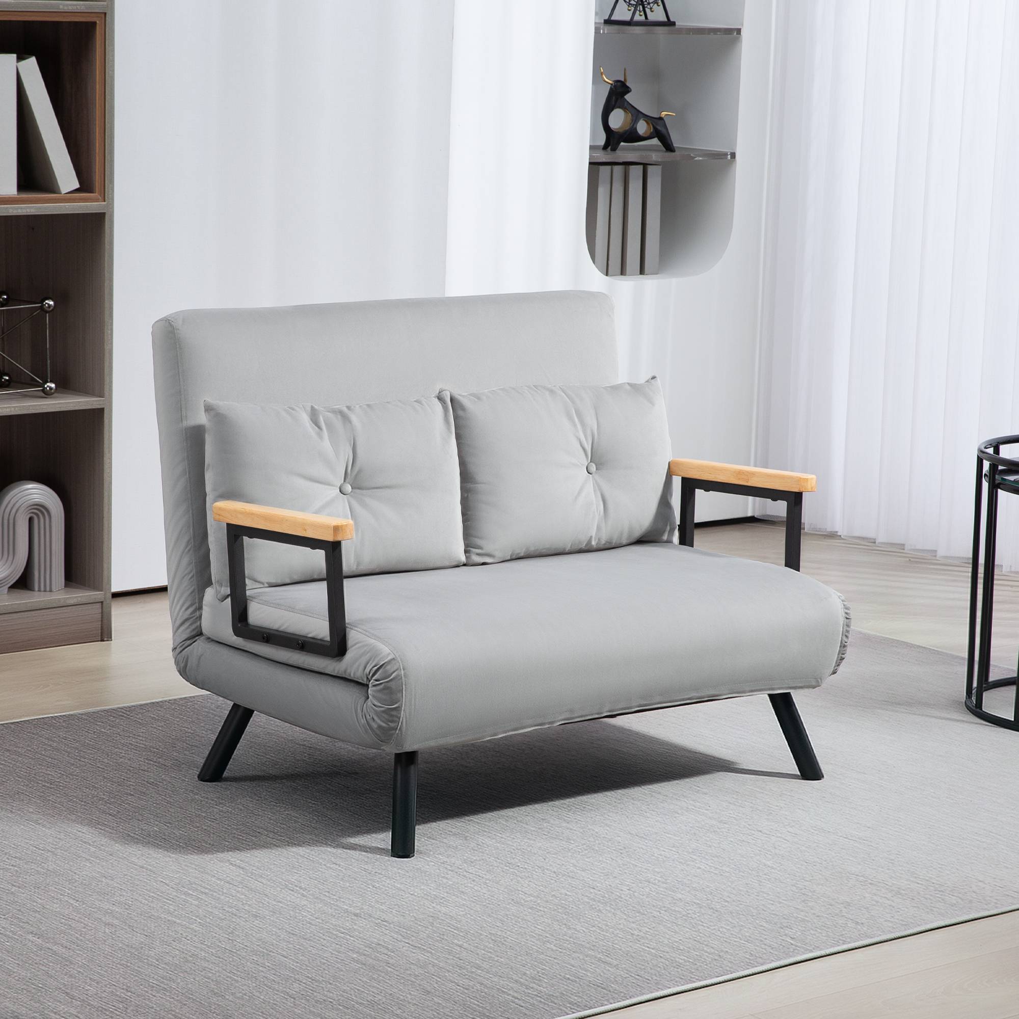 HOMCOM 2 Seater Velvet Modern Sofa Bed with 2 Tufted Cushions - Light Grey - Image 2