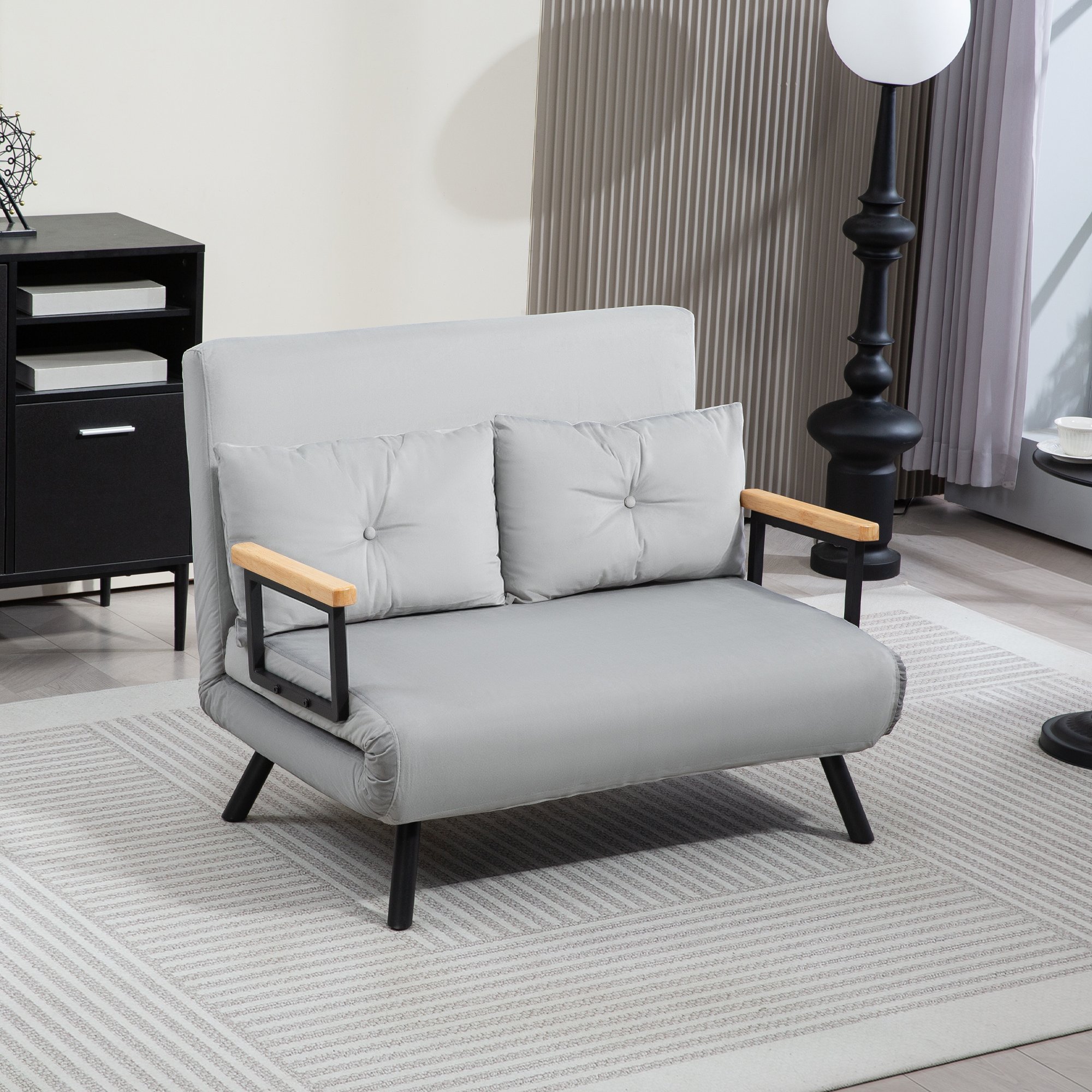 HOMCOM 2 Seater Velvet Modern Sofa Bed with 2 Tufted Cushions - Light Grey - Image 3