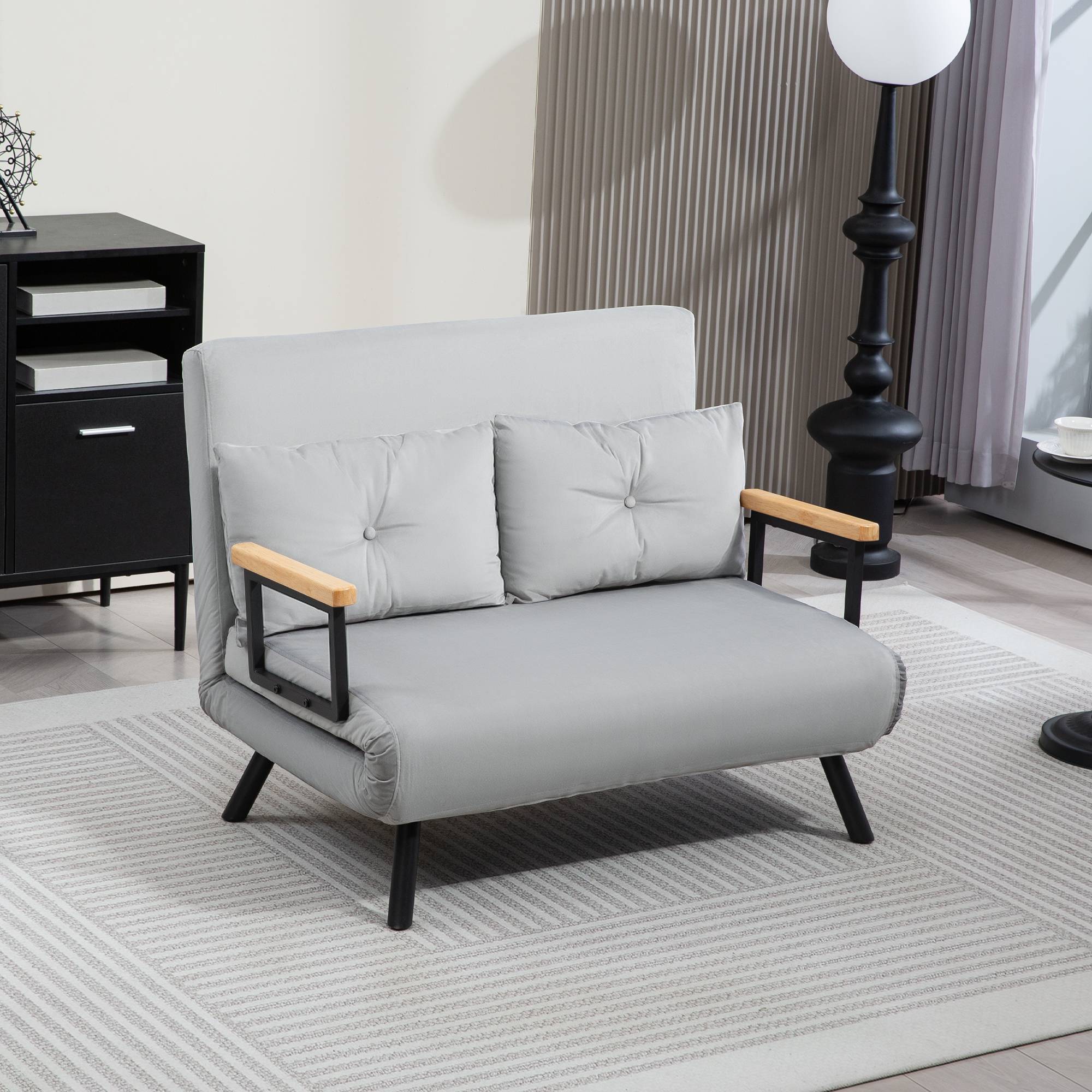 HOMCOM 2 Seater Velvet Modern Sofa Bed with 2 Tufted Cushions - Light Grey - Image 3