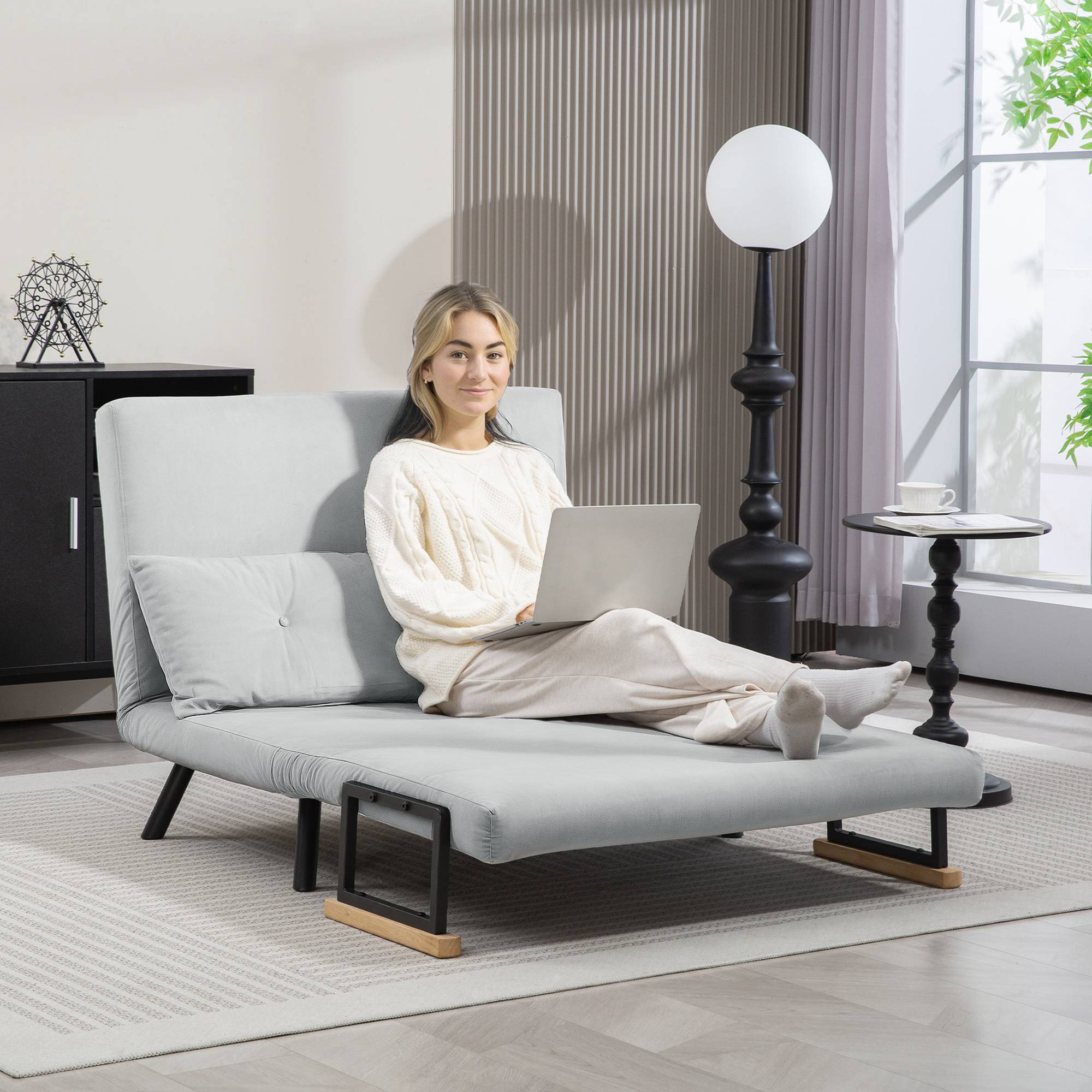 HOMCOM 2 Seater Velvet Modern Sofa Bed with 2 Tufted Cushions - Light Grey - Image 5