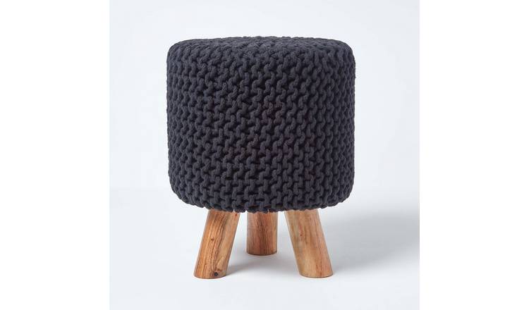 Homescapes Tall Cotton Knitted Footstool with Legs – Black
