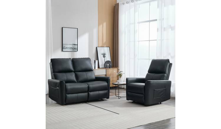 Furniture Online Madrid Manual Recliner Leather 1+2 Seater Sofa Set - Black