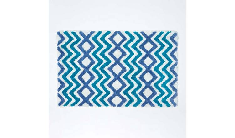 Homescapes Chevron Cotton Bath Mat - Teal and Blue