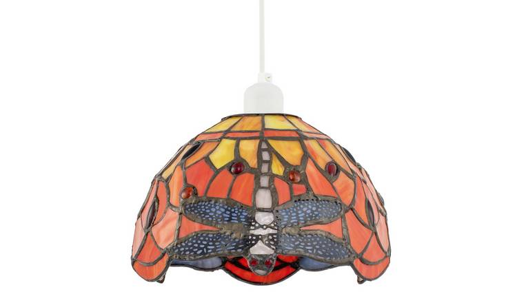 Happy Homewares Orange and Amber Stained Glass Dragonfly Pendant Shade - 20cm