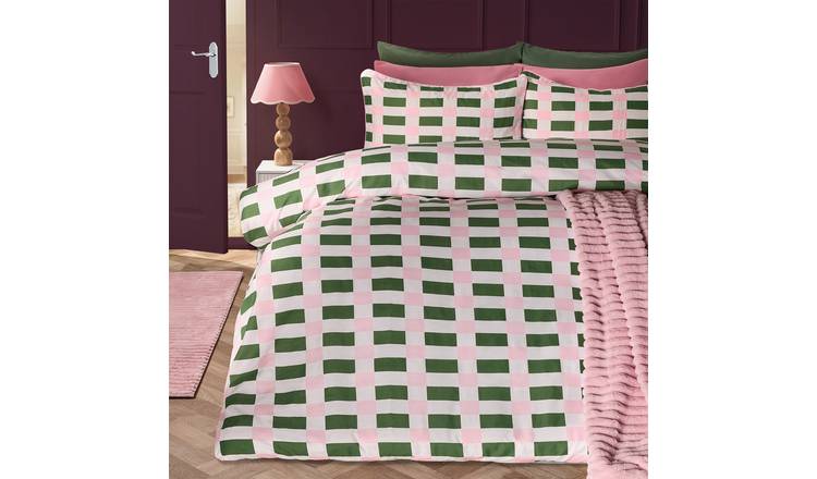 OHS Checkerboard Microfibre Duvet Cover Set Pink/Green - Double