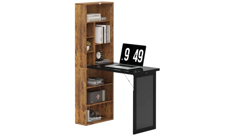 HOMCOM Folding Computer Desk with Bookshelf - Rustic Brown