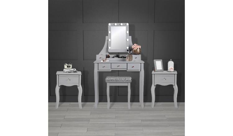 CARME Home Arianna Dressing Table with Hollywood Lights & Side Table - Grey