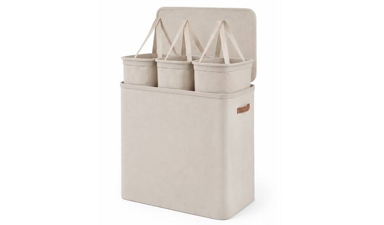 Keplin 170L Collapsible Fabric Lidded Triple Laundry Basket - Beige