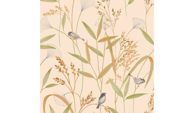 Grandeco Azuria Birds and Grasses Textured Wallpaper - Coral Blush