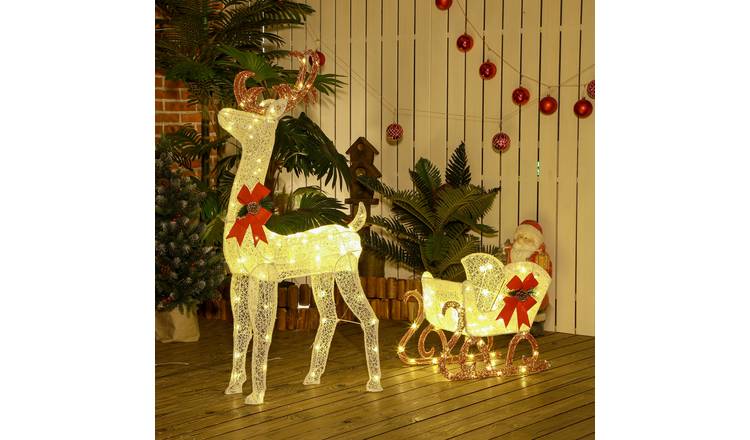 Outsunny Light Up Reindeer and Sleigh Christmas Decoration Outdoor - White