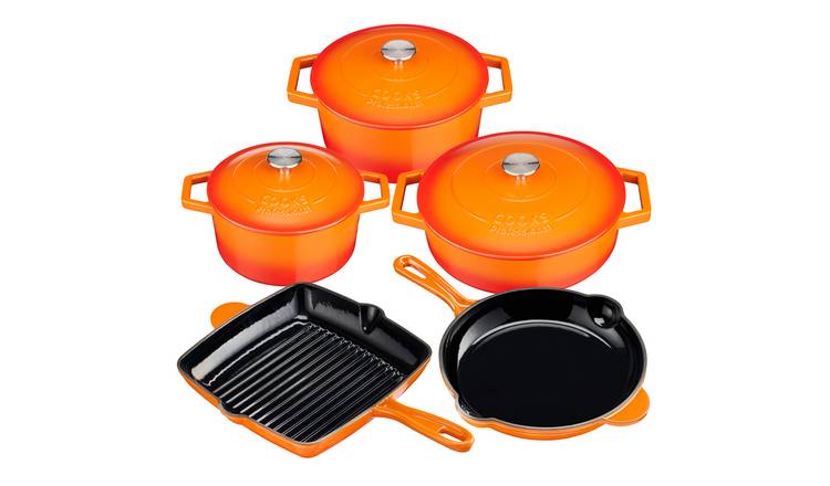 Cooks Professional 5pc Cast Iron Casserole, Frying Pan & Skillet Set - Orange
