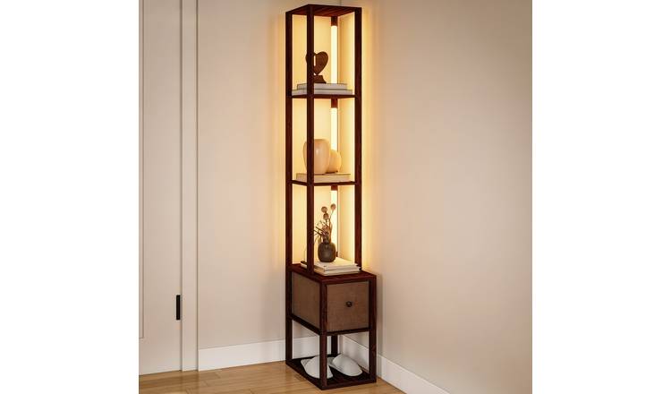 HOMCOM LED Floor Lamp With Shelves And Fabric Drawer - Dark Brown