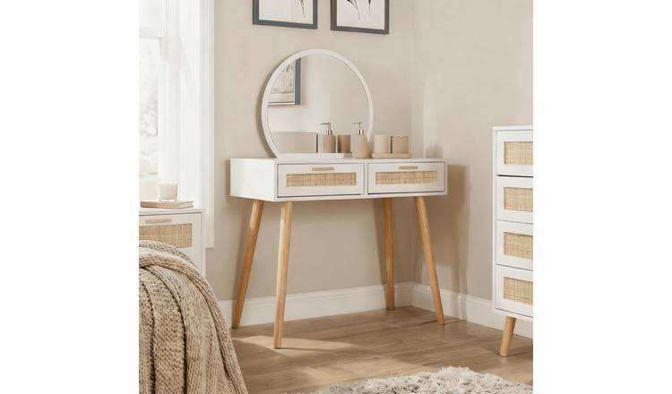 Home Source Astbury Rattan 2 Drawer Dressing Table with Circular Mirror - White