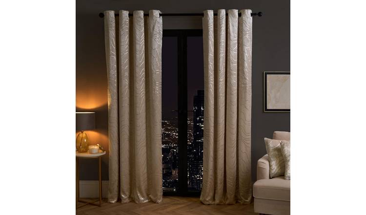 OHS Metallic Foil Wave Velvet Curtains 168 x 229cm - Natural
