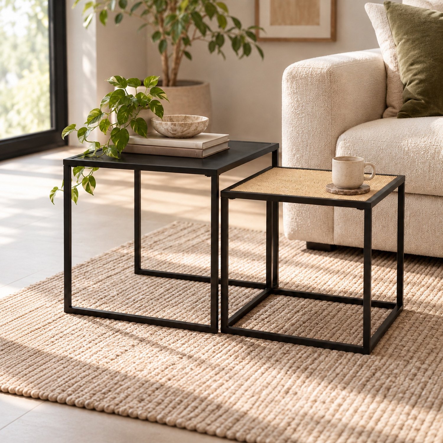 Orsina Depok Rattan and MDF Nest of Two Side Tables - Black - Image 3