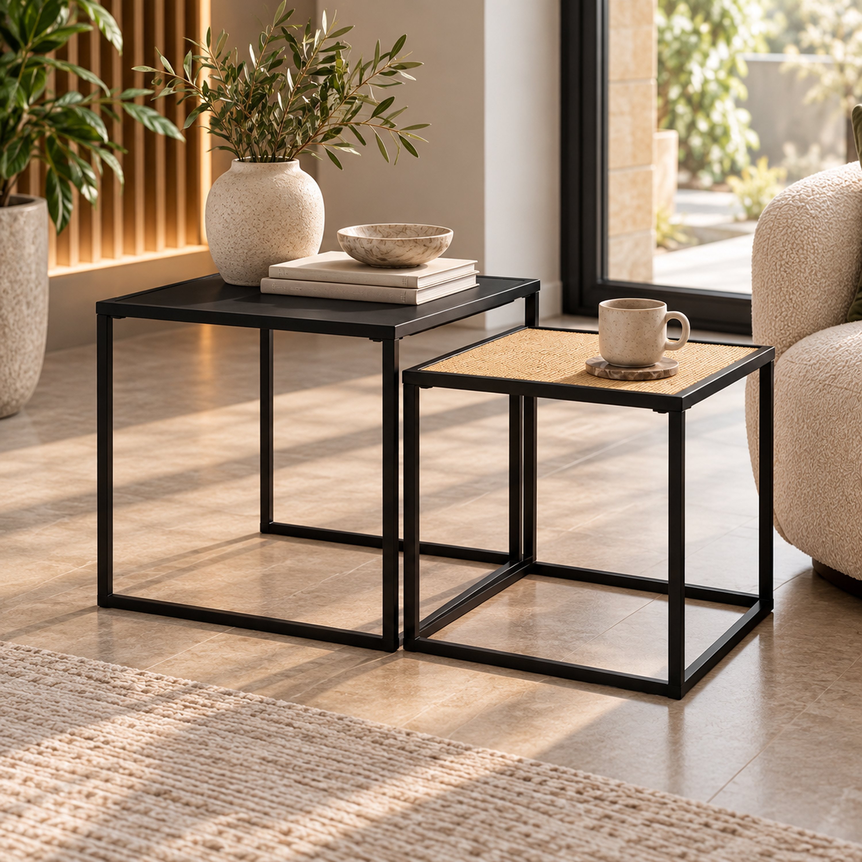 Orsina Depok Rattan and MDF Nest of Two Side Tables - Black - Image 4