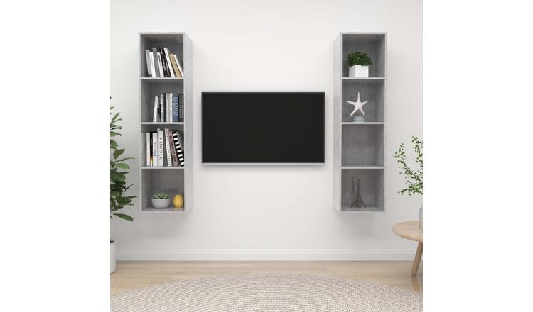 Walplus Pack of 2 Wall Mounted TV Cabinet - Stone Grey - 37 x 37 x 142.5 cm