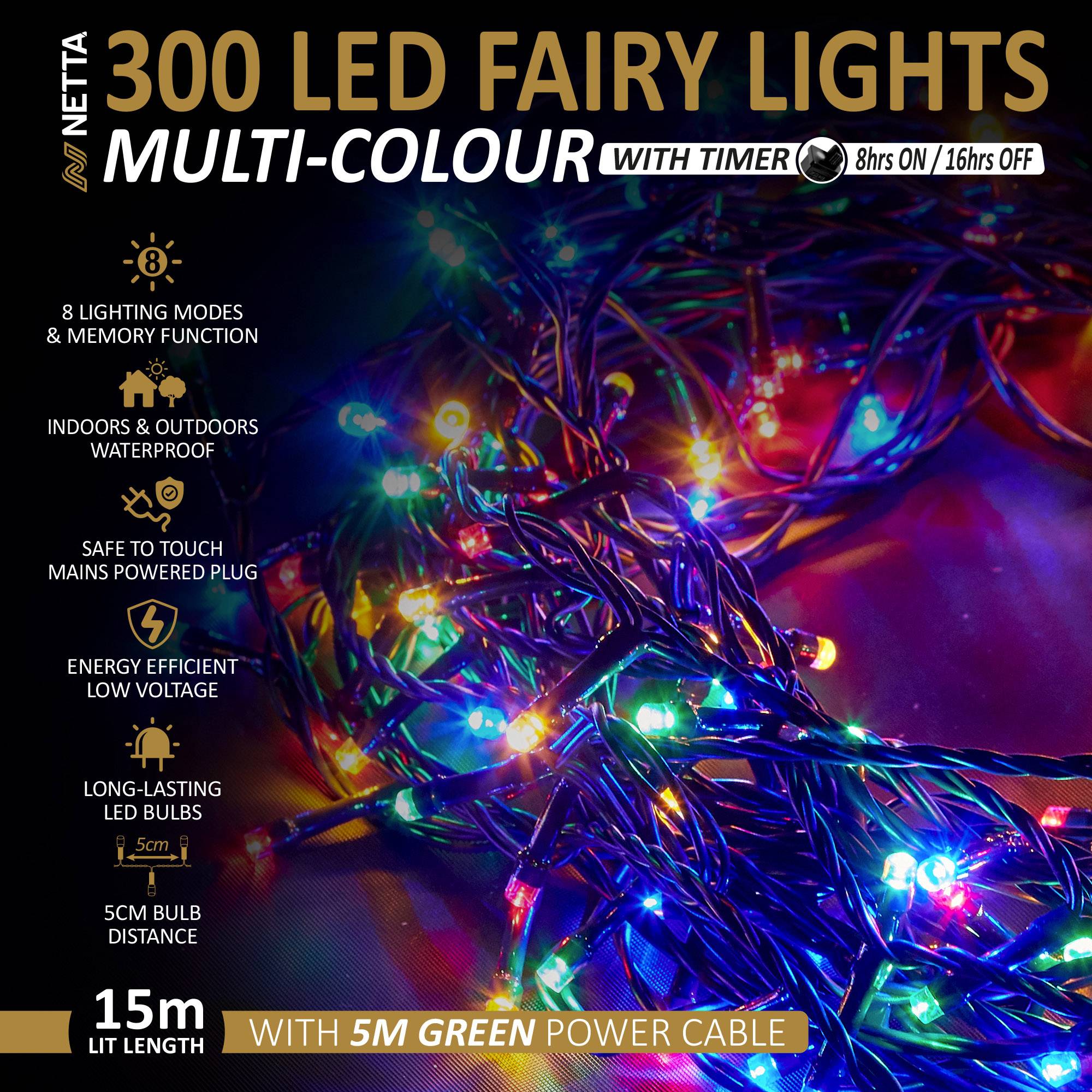NETTA 300 LED 15m Christmas Fairy String Lights with Timer - Multicolour - Image 2