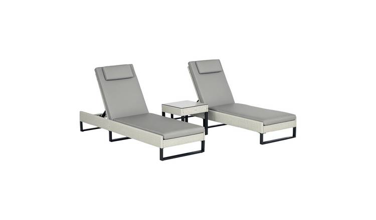 Outsunny 3 Piece PE Rattan Adjustable Reclining Garden Sun Lounger - Light Grey