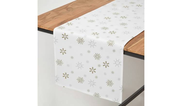 Homescapes Cotton Christmas Gold Snowflake Table Runner - 44 x 178 cm - White