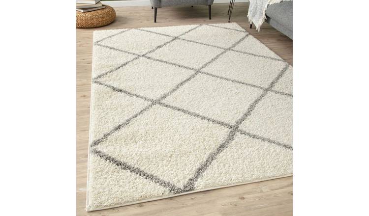 The Rugs Cream and Grey Moroccan Shaggy Diamond Rug - 120 x 170cm