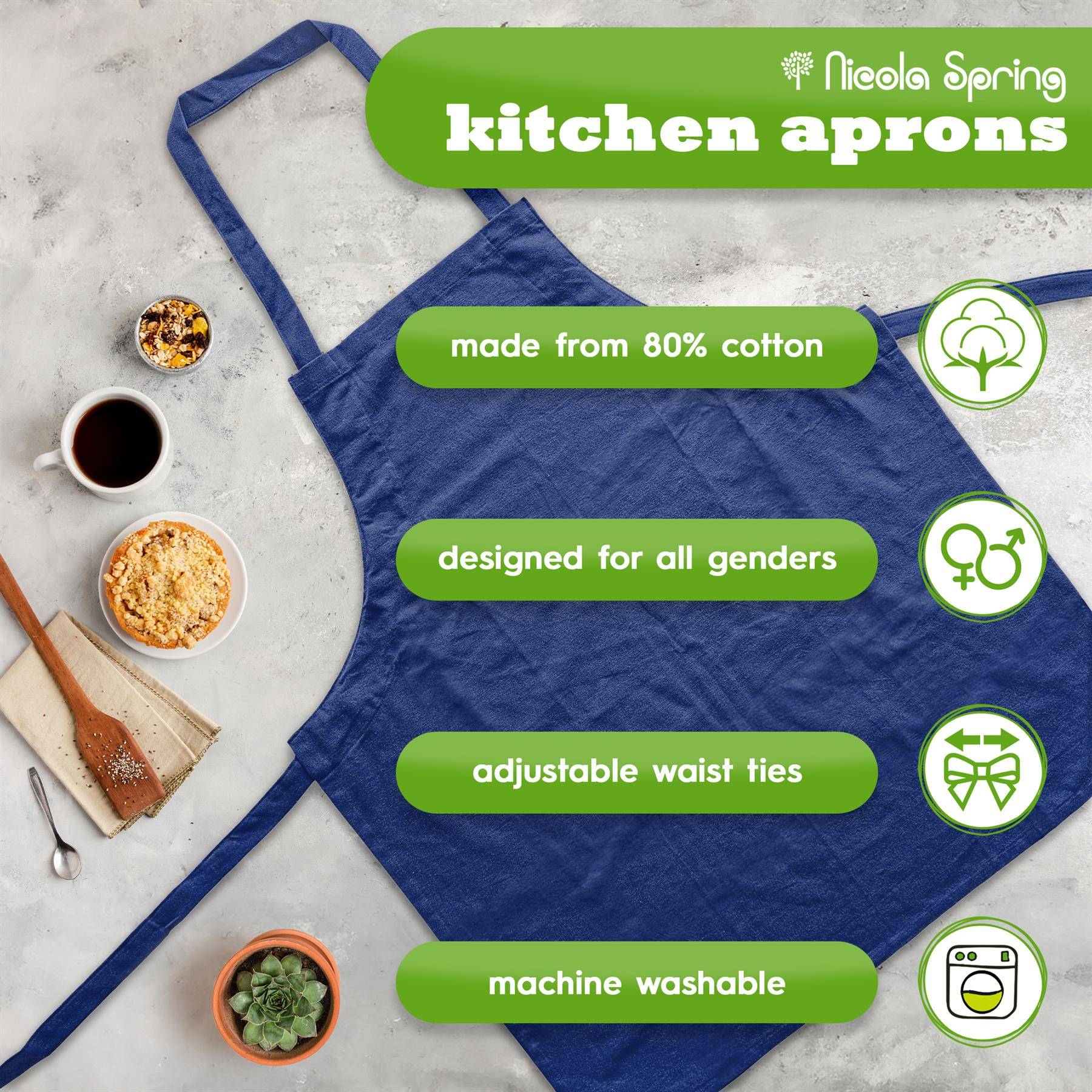 Nicola Spring Cotton Kitchen Bib Aprons Pack of 2 - Navy - Image 2