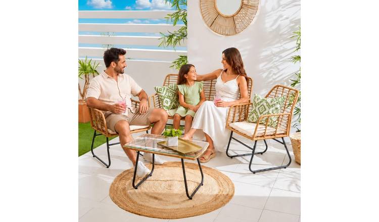 Neo Grey Bamboo Style Garden Sofa with Table & Chairs 4 Piece Set - Beige