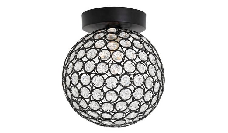 Happy Homewares Matte Black and Clear Beaded Bathroom Ceiling Light - 18cm