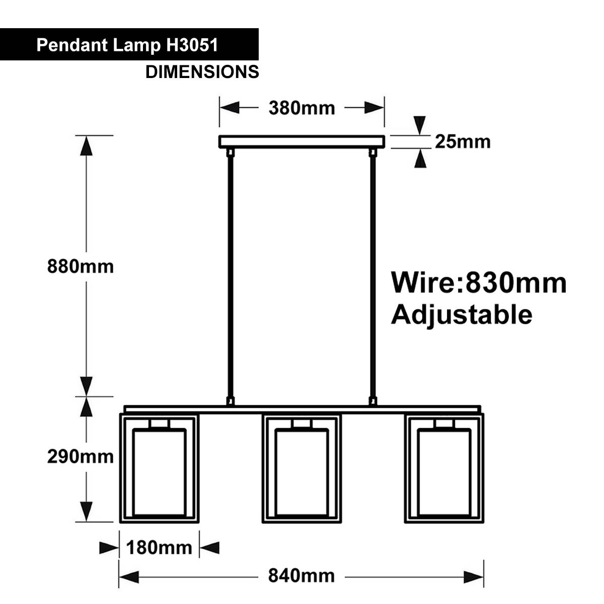Energy Light Bulbs 3 Light Rectangular Lantern Ceiling Pendant Light - Black - Image 2