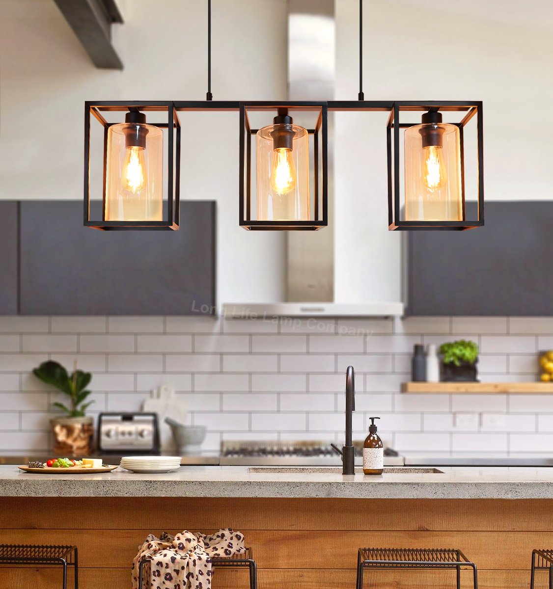 Energy Light Bulbs 3 Light Rectangular Lantern Ceiling Pendant Light - Black - Image 5