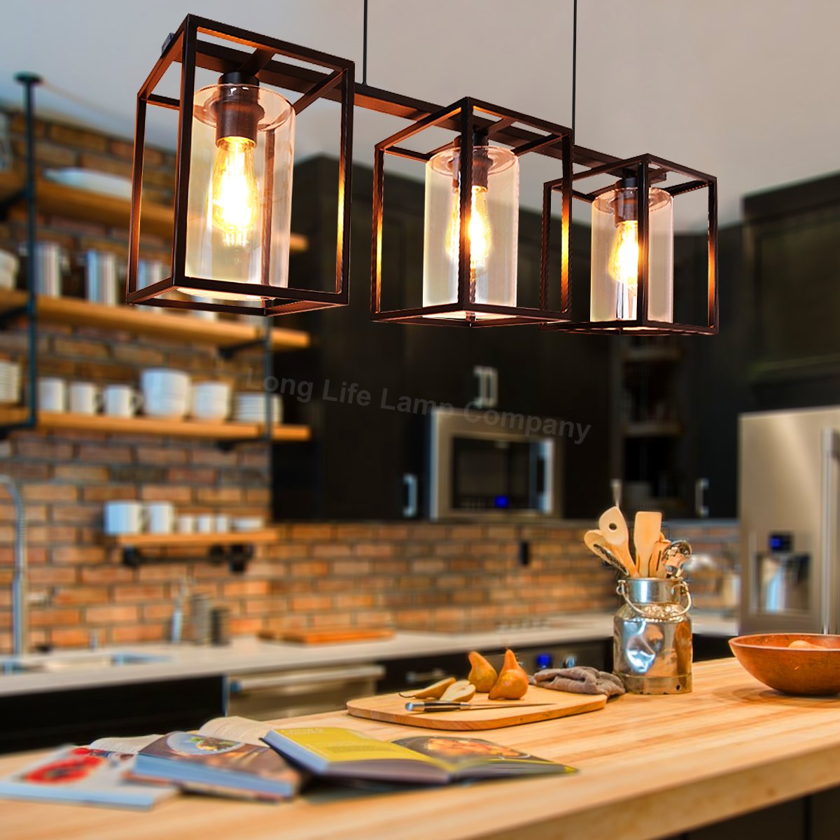 Energy Light Bulbs 3 Light Rectangular Lantern Ceiling Pendant Light - Black - Image 6