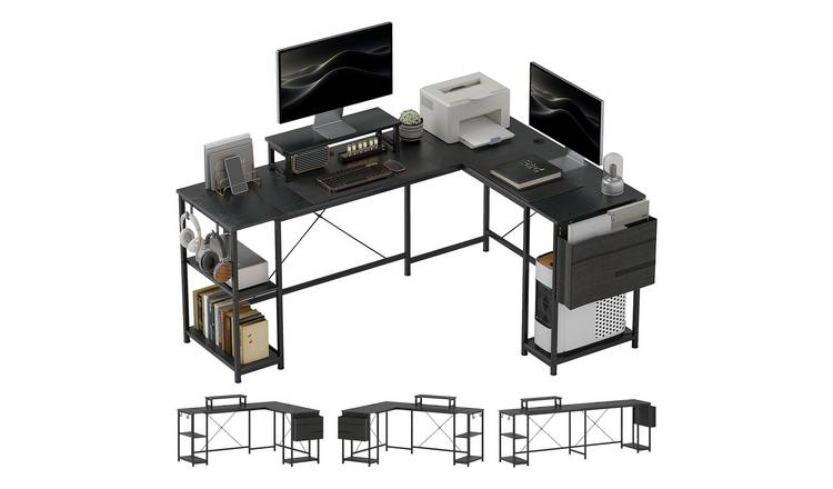 HOMCOM Reversible L Shaped Desk with Adjustable Shelf - Black