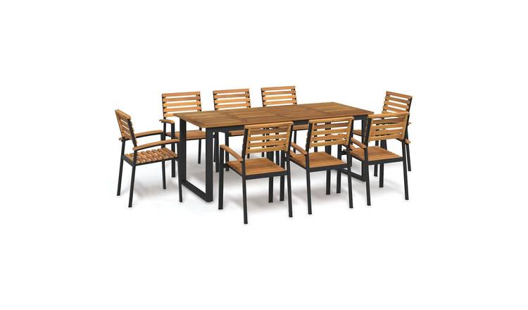 Walplus 9 Piece Solid Acacia Wood Garden Dining Set - Brown - 200 x 90 x 75 cm
