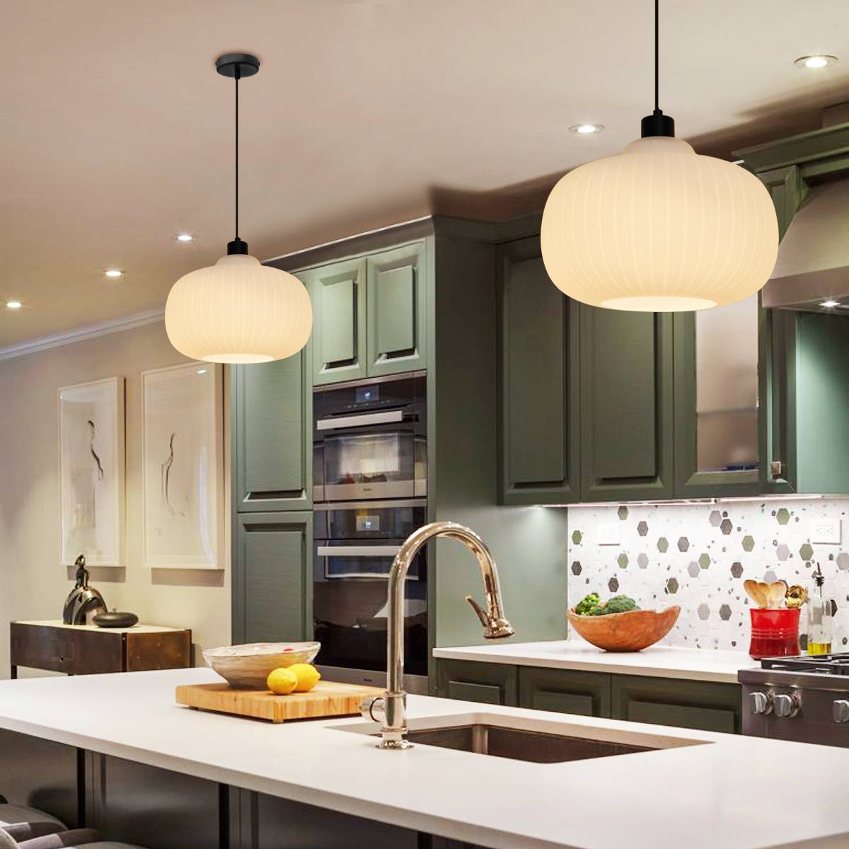 Energy Light Bulbs Oval Globe Opal Ribbed Glass Ceiling Pendant Light - Black - Image 5