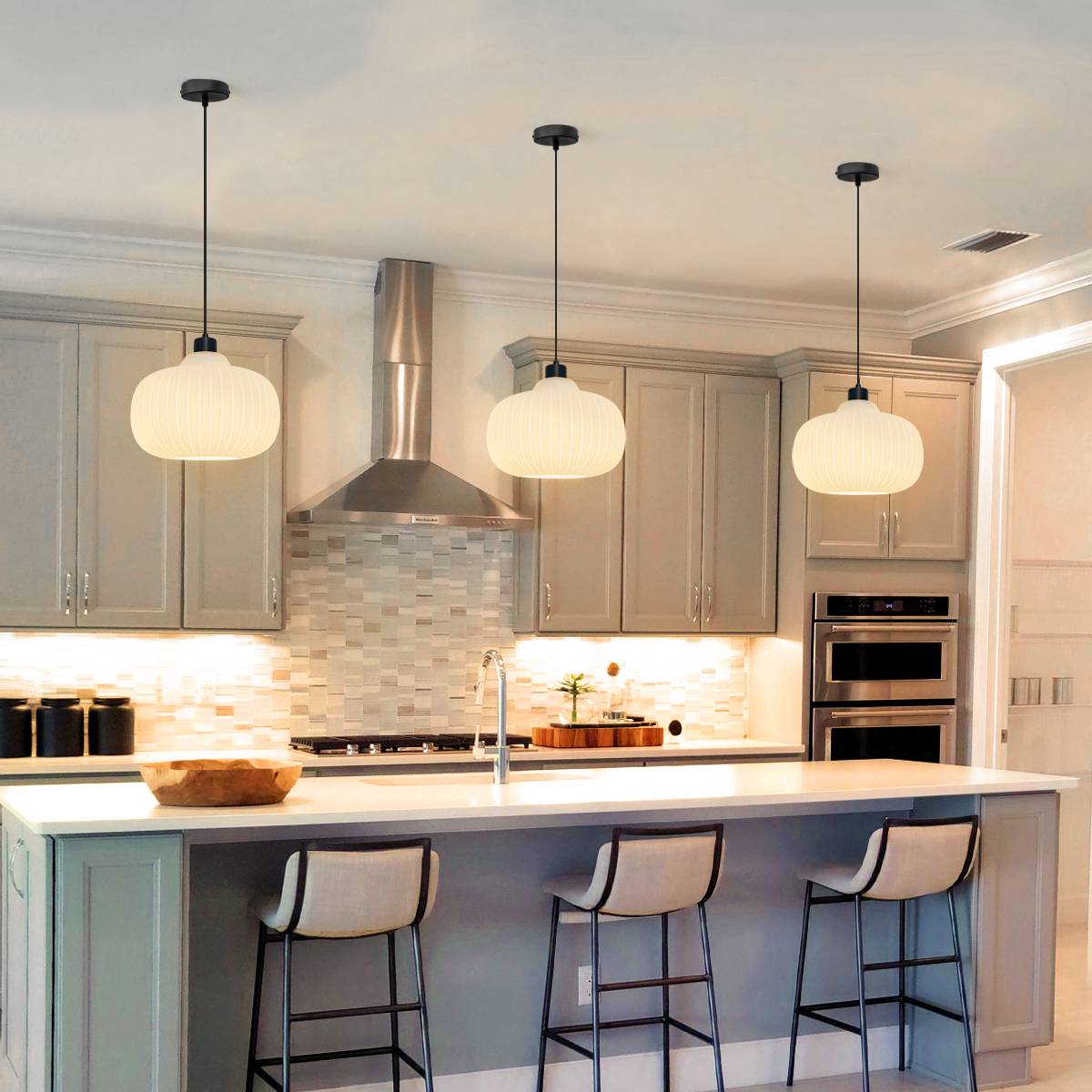 Energy Light Bulbs Oval Globe Opal Ribbed Glass Ceiling Pendant Light - Black - Image 6