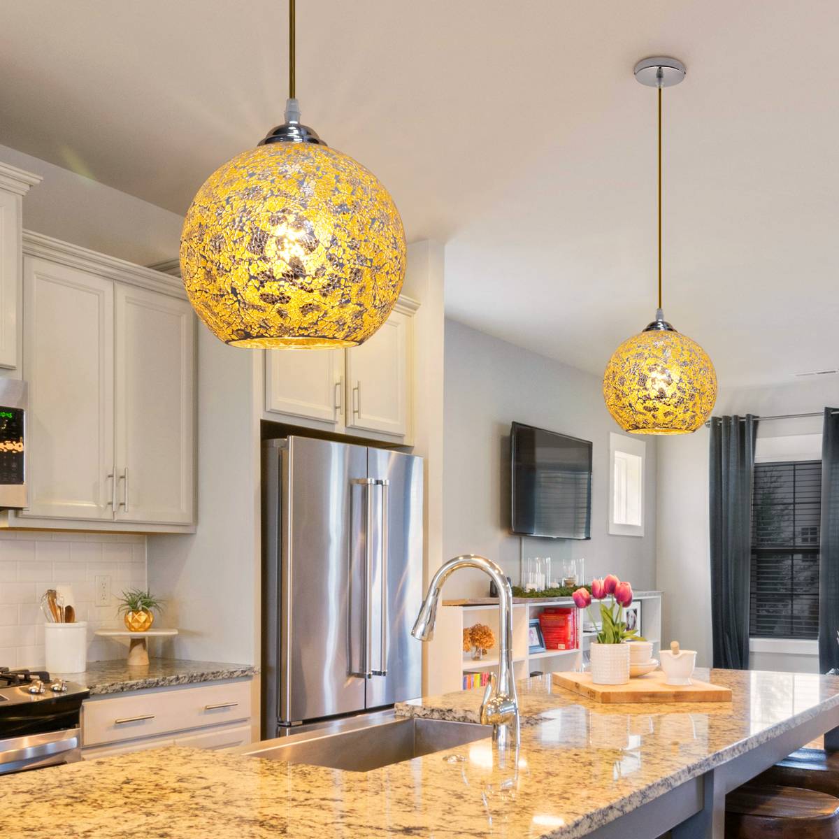 Energy Light Bulbs Globe Crackle Mosaic Glass Ceiling Pendant Light - Yellow - Image 5