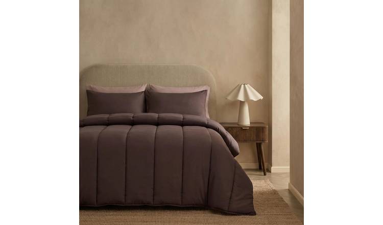 OHS Reversible 10.5 Tog Coverless Duvet Set Bedding - Coffee - Double