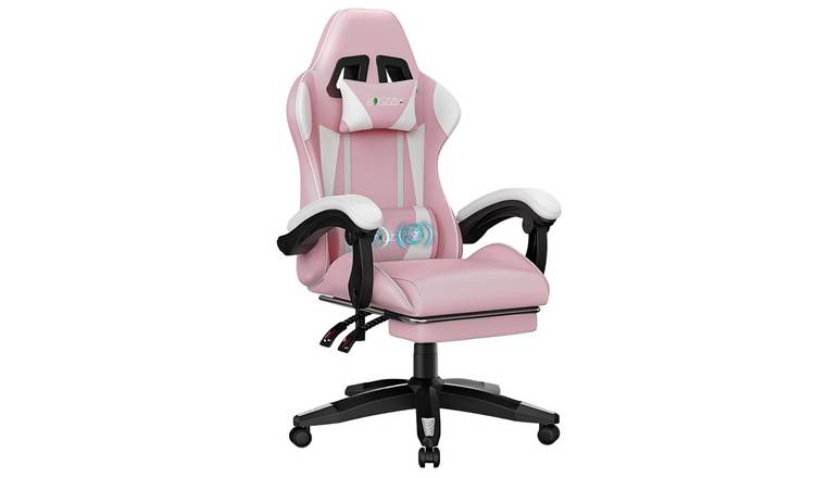 Rattantree Ergonomic Massage Gaming Chair with Footrest - White & Pink