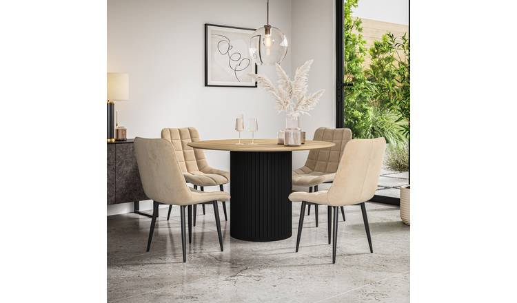 Furniture Online Arlo Nova Oak Top w Blk Legs Dining Table & 6 Beige Chairs