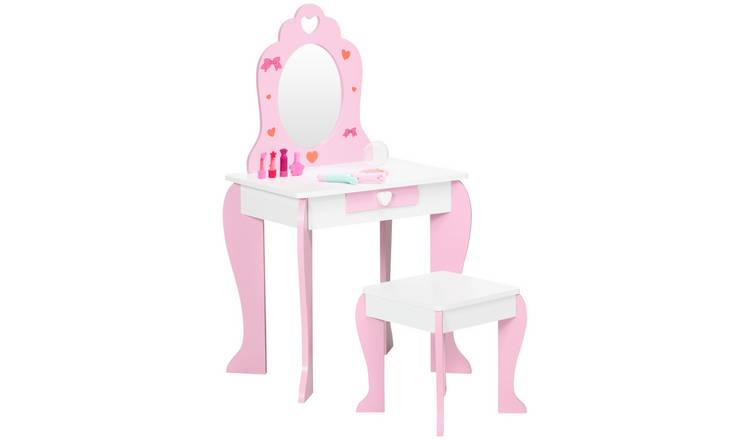 ZONEKIZ Mirror Kids Dressing Table Set with Love Heart and Bow Design - Pink