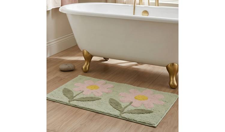 Homescapes Wild Flower 100% Cotton Bath Mat – 50 × 80 cm – Green & Pink