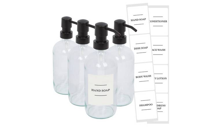 Harbour Housewares Soap Dispensers with Labels  - Clear/White - Set of 4