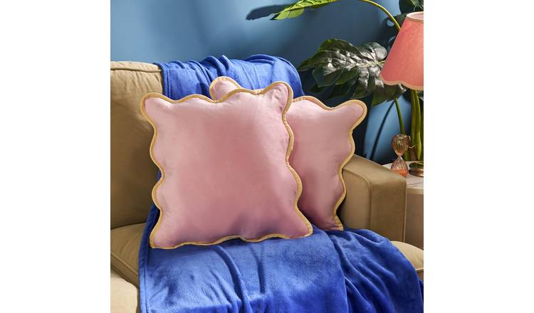 OHS 2 Pack Matte Velvet Scallop Edge Cushion Covers 45 x 45cm - Pink/Lemon