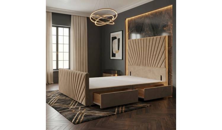 Somnior Velvet Single 2 Drawer Divan Bed with Footboard & Headboard - Beige